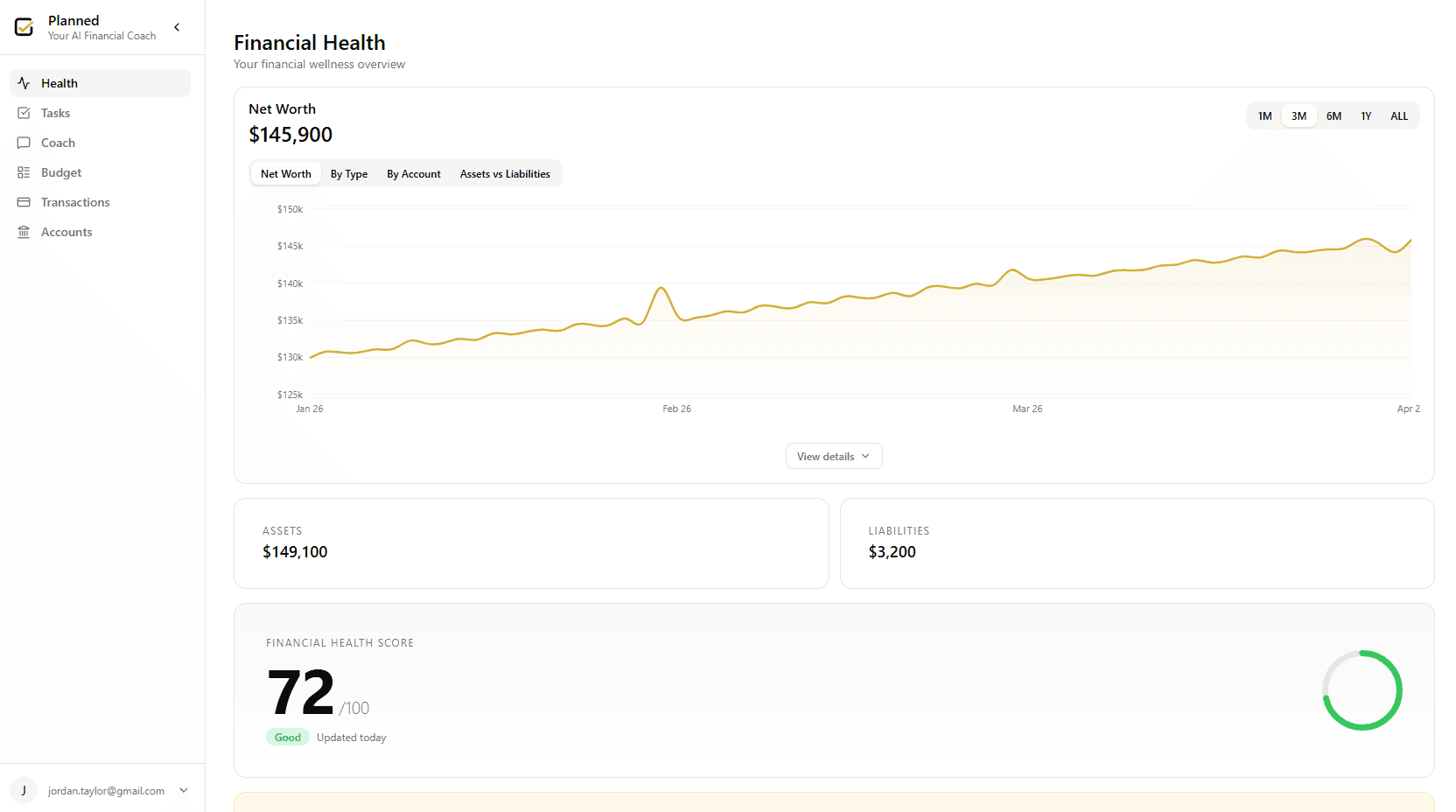 Planned web app showing net worth tracking and financial health score dashboard