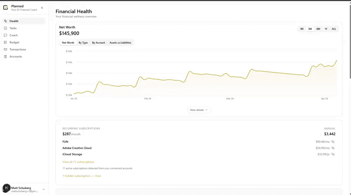 Planned web app walkthrough showing net worth tracking and financial health score dashboard