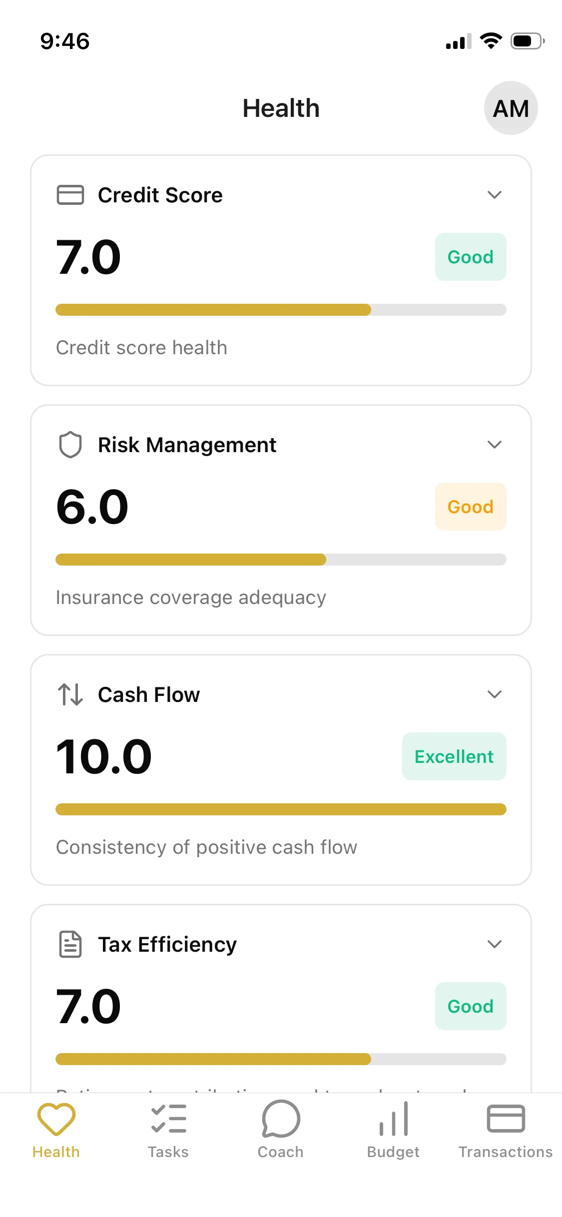 Planned financial health score showing credit score, risk management, and cash flow categories