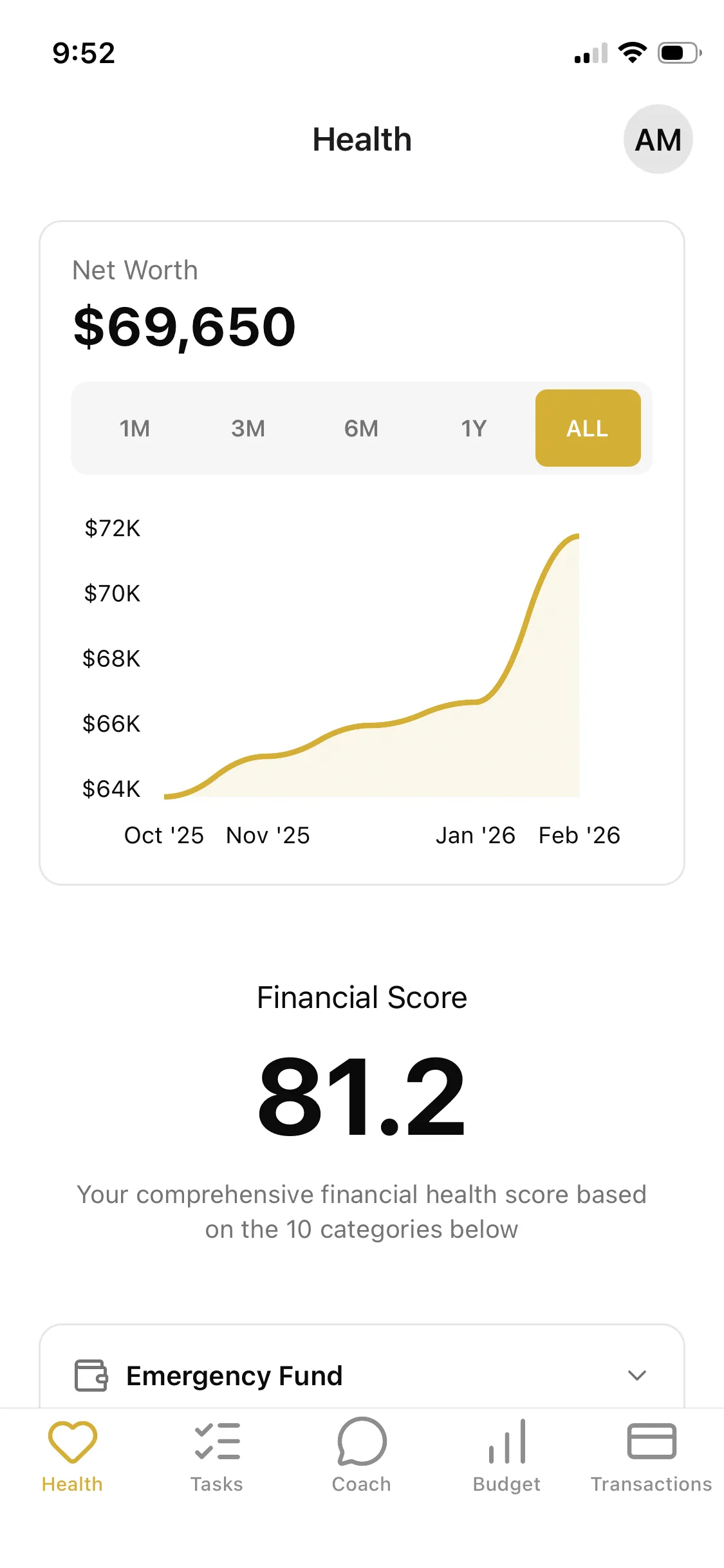 Planned app showing net worth tracking and financial health score
